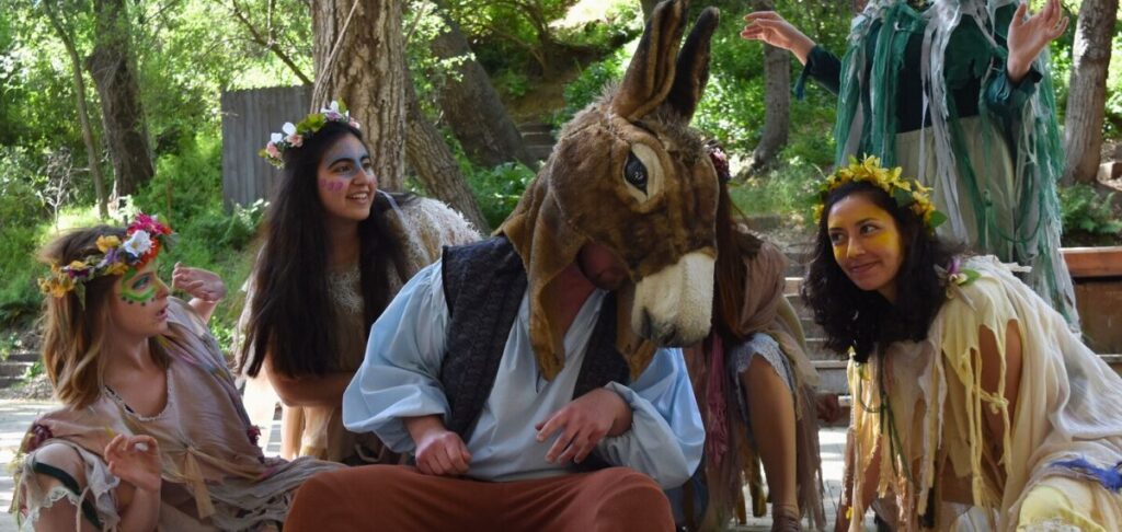 A Midsummer Night's Dream fairies and Bottom with donkey head at Theatricum Botanicum outdoor Shakespeare theater in Los Angeles.